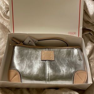 COACH silver Large Wristlet Clutch NWT and with coach box